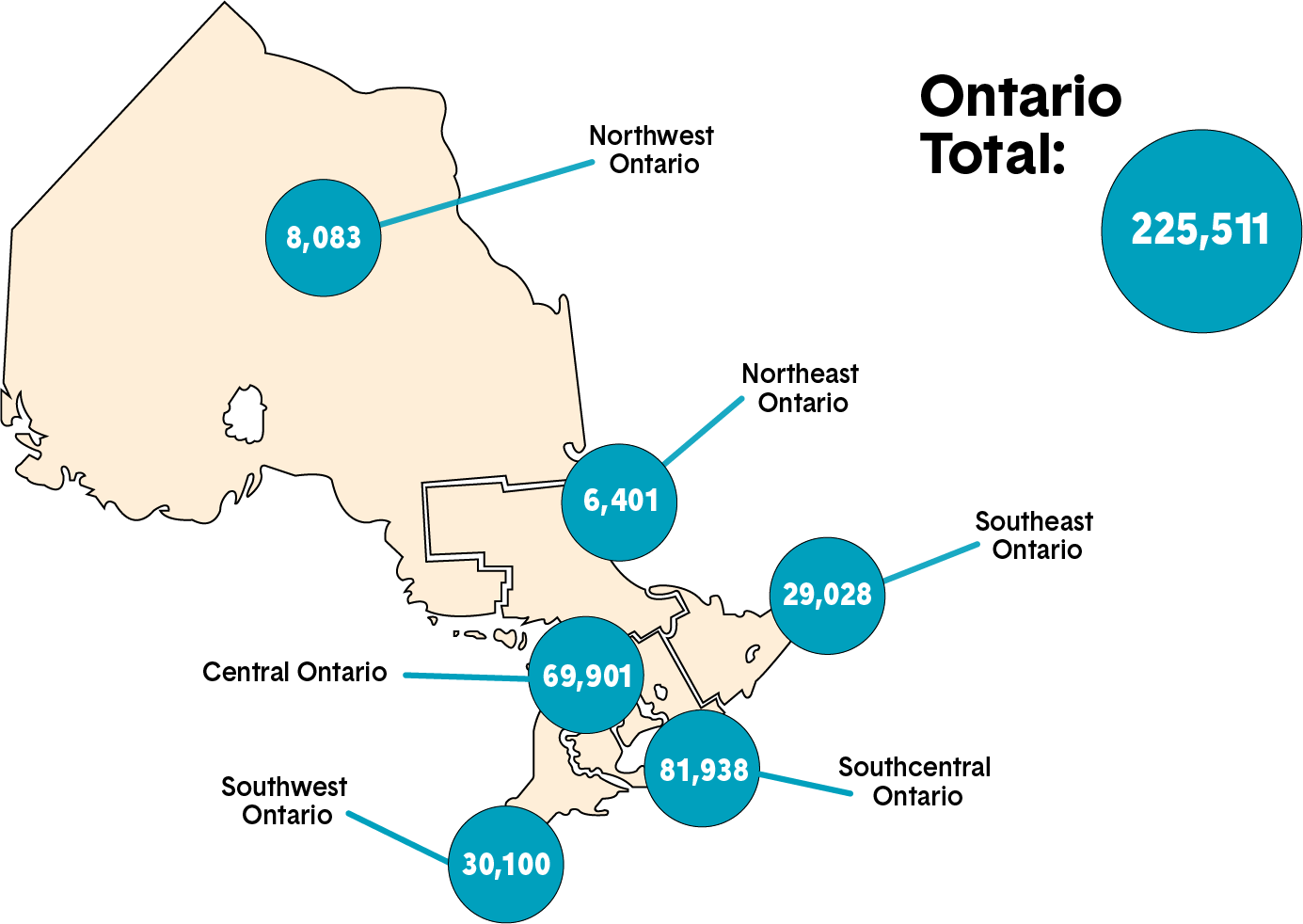 A map showing the geographic distribution of members in Ontario. Long description follows.