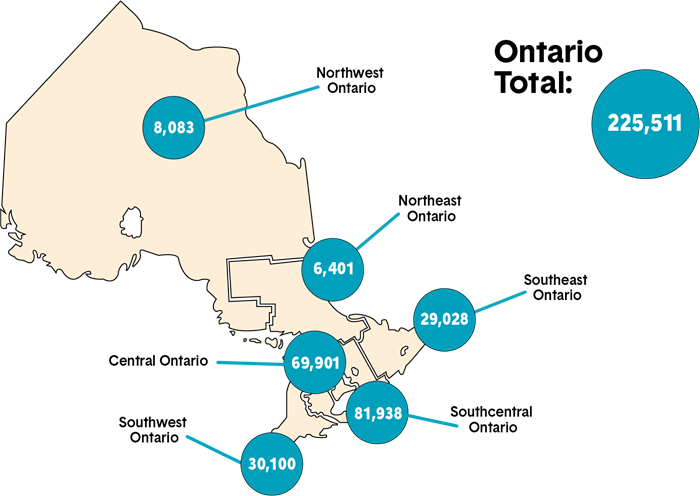 A map showing the geographic distribution of members in Ontario. Long description follows.