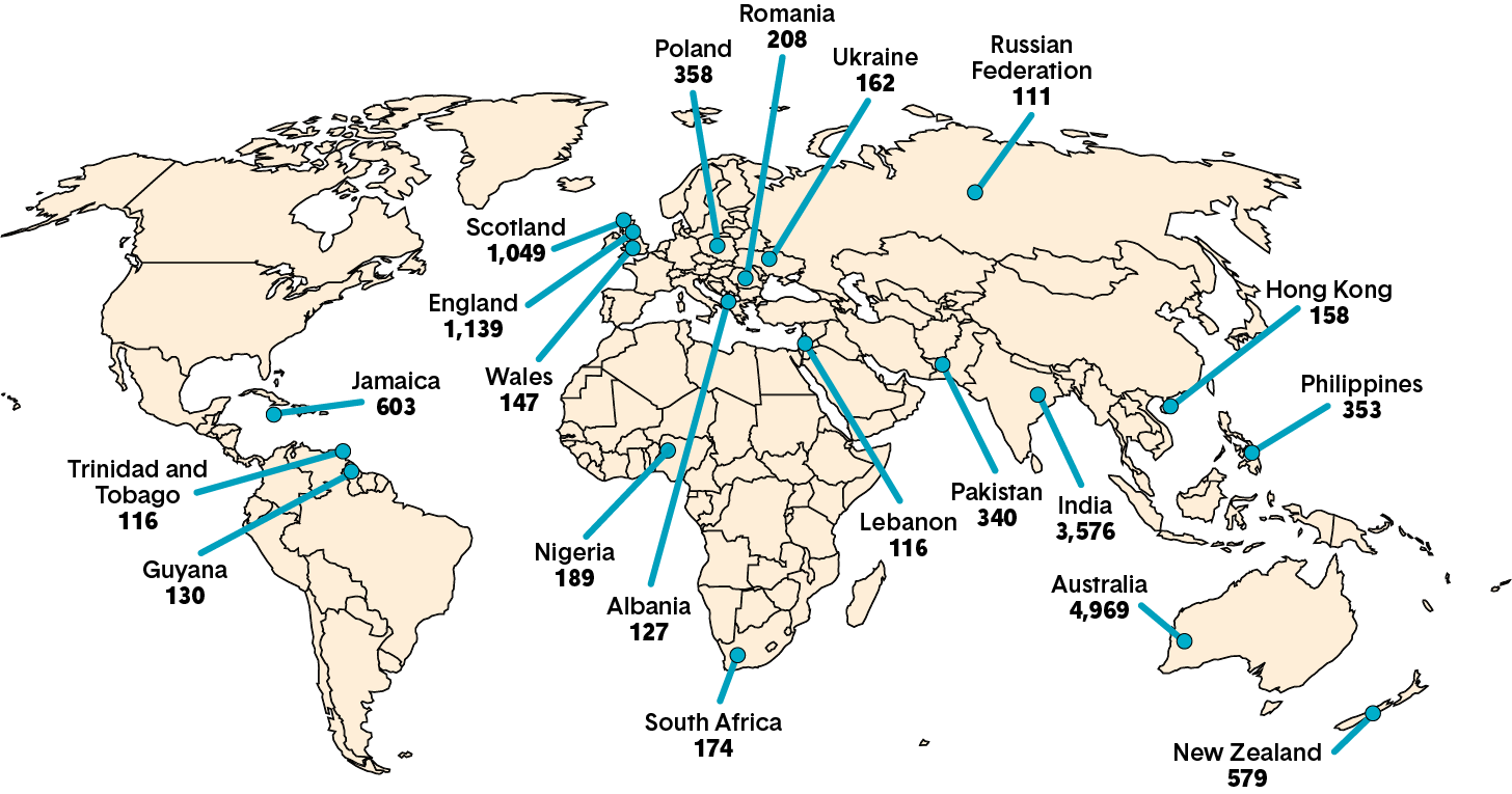 A map showing the top 20 countries where members were initially certified (excluding the US and Canada). Long description follows.
