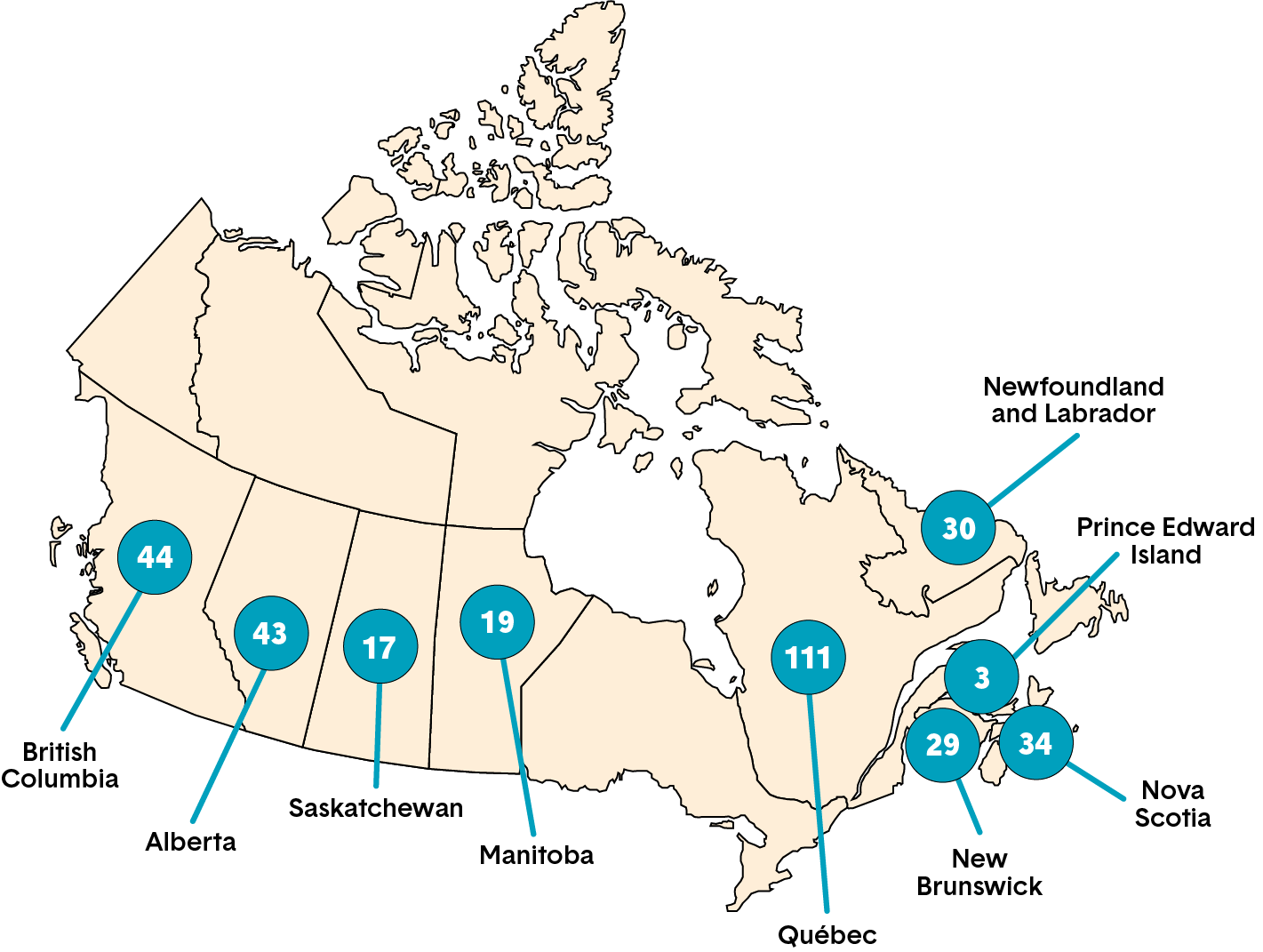 A map showing the total number of new members by province of initial certification annually. Long description follows.