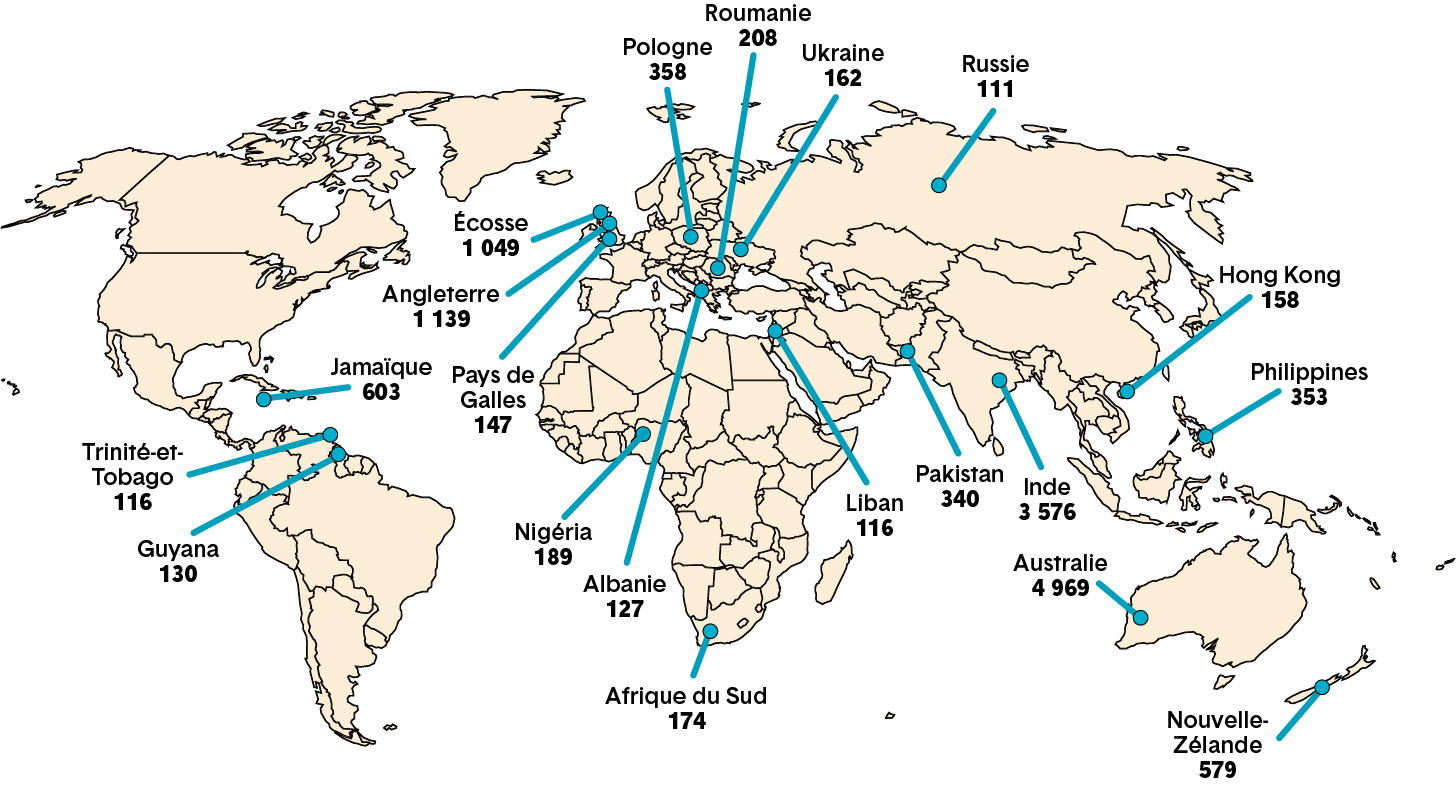 Carte du monde indiquant le nombre total de nouveaux membres selon le pays d’obtention de la certification initiale (sauf les É.-U. et le Canada) par année, en 2018. Une description plus détaillée figure ci-après.
