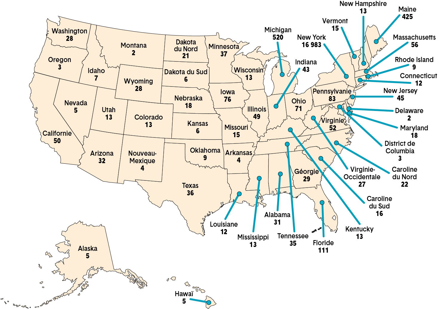 Carte montrant le nombre total de membres ayant obtenu la certification initiale, par État américain. Une description plus détaillée figure ci après.